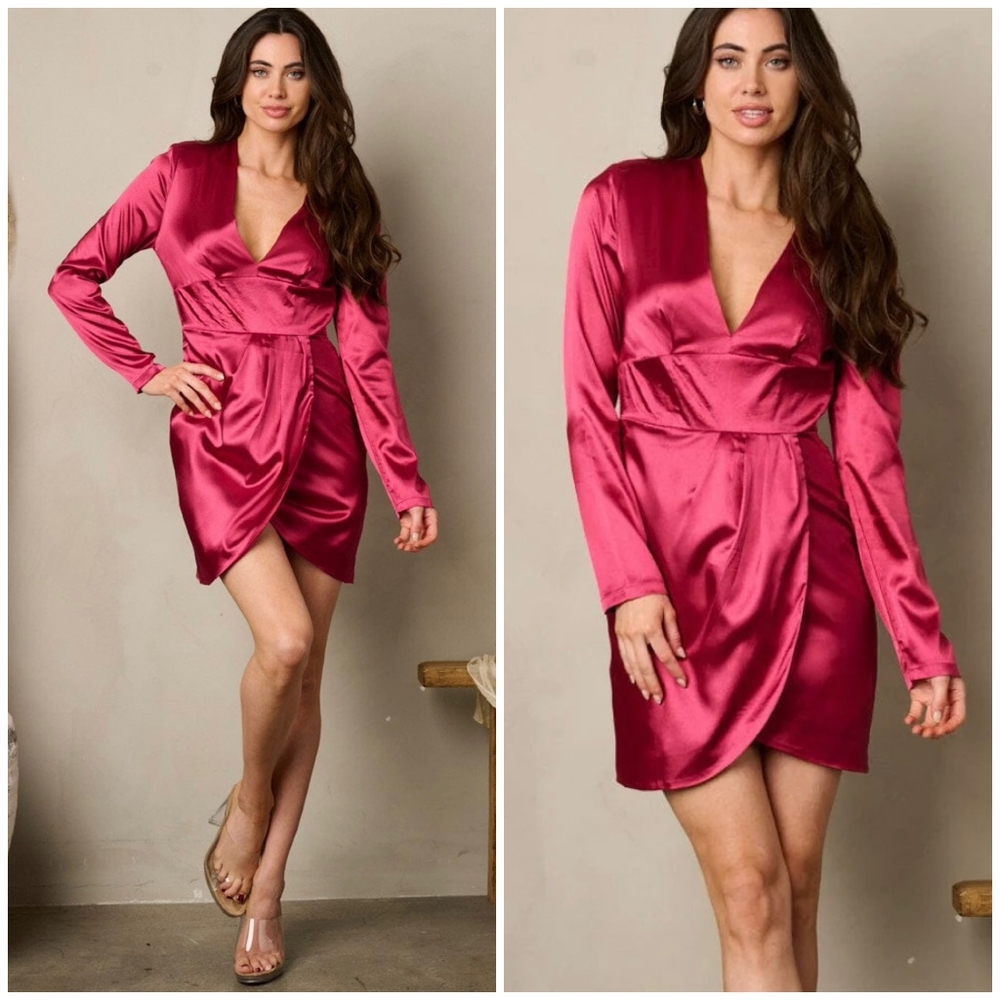 On Twelfth Magenta Satin Long Sleeves Short Dress - Picture 3 of 5
